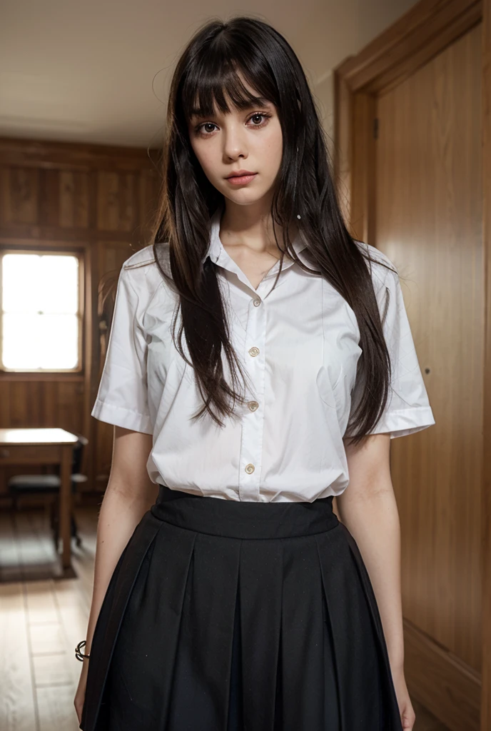 masterpiece, best quality, ultra-detailed, illustration, epic lighting, cinematic composition, isometric, 1girl, solo, cute, brown eyes, black hair, swept bangs, single sidelock, red hairclip, white collared shirt, black necktie, black pants, formal, enchanting gaze, captivating pose, indoors, office, door, opening door, looking at viewer, peeking out upper body, blush, seductive smile, closed mouth,(8k:1.1),