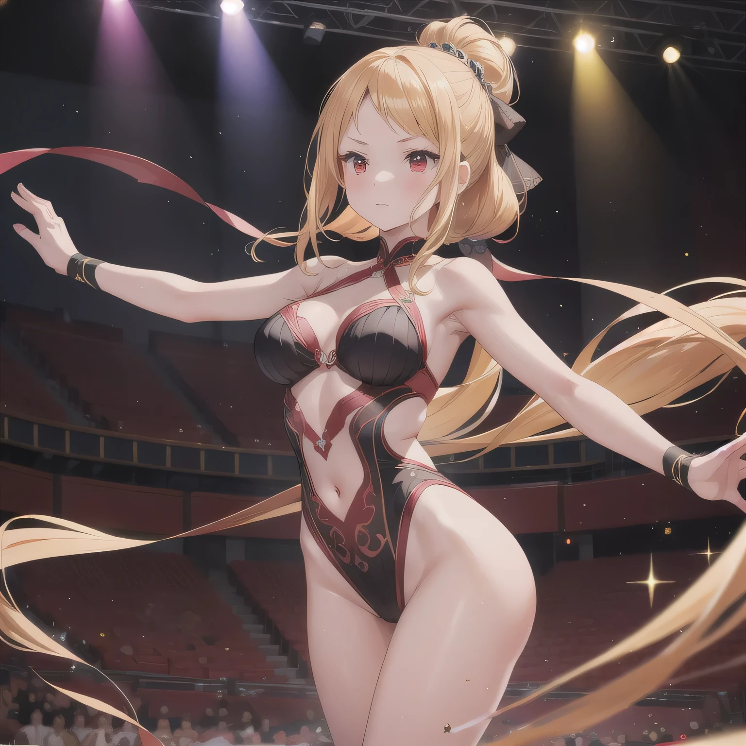 1girl, (strip dancer), super beautiful, cool, adult, medium large breast, stripping , raising her legs high, armpit, (excite the crowd from table),(from below view:1.5), (dynamic pose), (dynamic angle), perfect body, full of delight, smiling full of confidence, blushed,seductive smile, half opened mouth,(extra long hair in high pony, beautiful blonde hair), (nearly naked, Wearing a long fluttery stall, extra micro bikini, putting on delicate high heel sandal ), ( a lot of flashy decoration), (full body shot), (focus on slim curve), on the stage of strip shed