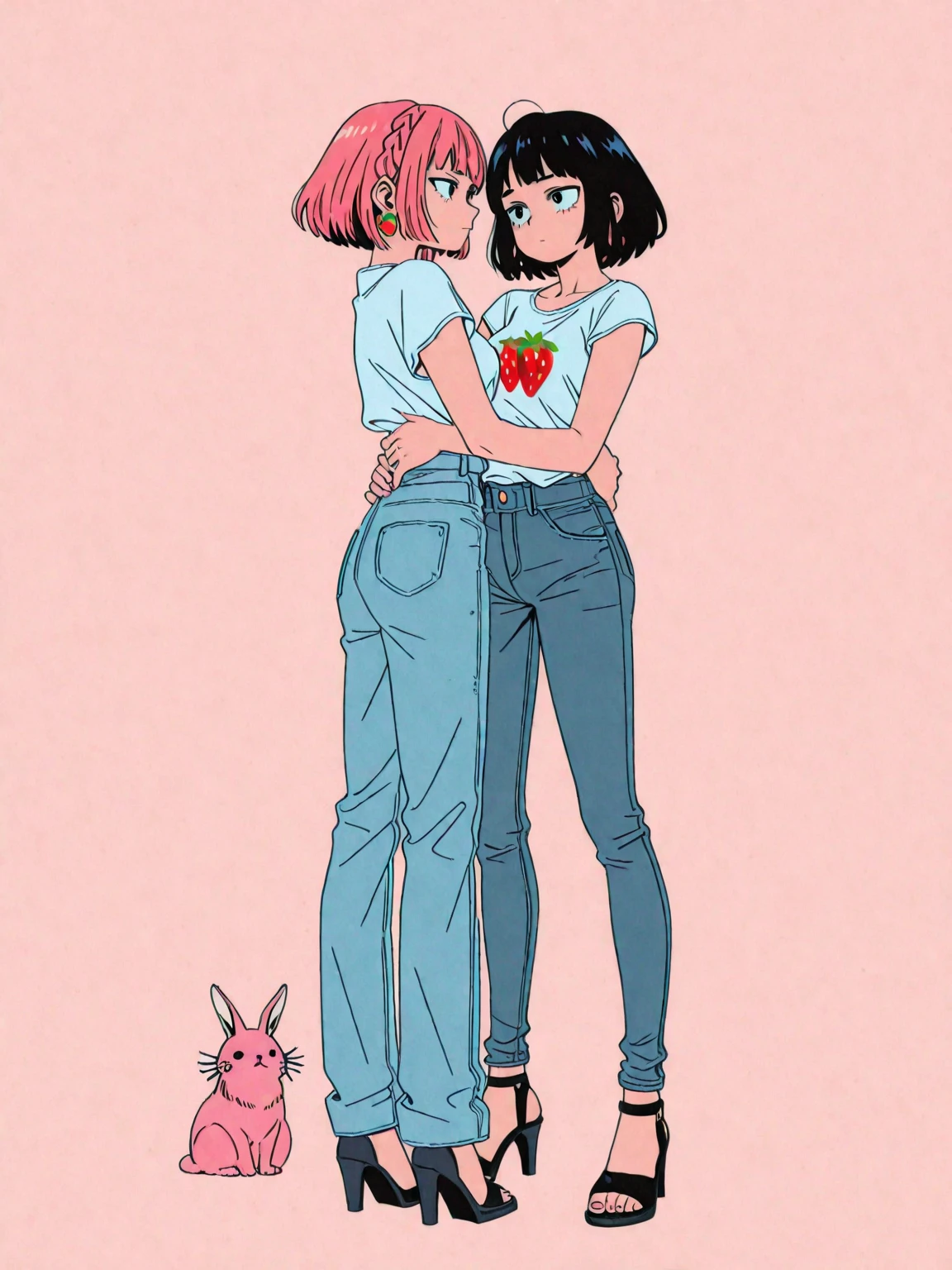 masterpiece, best quality, 2girls, , slim, flat chest, school shirt, (white panties), walk the park, hugging, kissing, love, blush, smile, (wide angle, fisheye), (view from below), summer, vibrant colors, psychedelic, soft light, bright, anime minimalist, watercolor