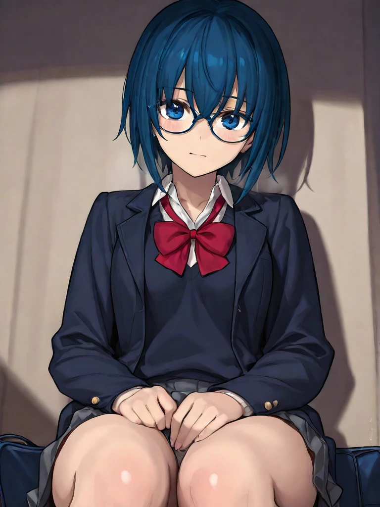 masterpiece, best quality, highres, 1girl ibuki mio short hair blue hair, white skirt red jacket open jacket squatting, looking up, (from above:1.4), (((glasses:0.9))), ((tsundere)), tall, beautiful, medium breast, ((round eyewear:0.9)), ((military pants:0.5)), ((polo shirt:0.4))