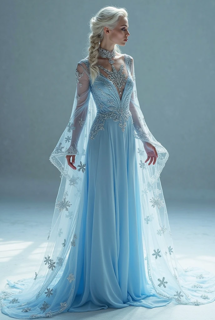 Ice Queen, Ice Blue Dress, Long White Hair, Ice Headgear, Ice Crystal Necklace, Ice Wand, High Heels, Icy Eyes, Snow Queen's Breath, Upper Body, Long Hair, Master Works, Best Quality, More Details, Ultra High Resolution, Mood Lighting,