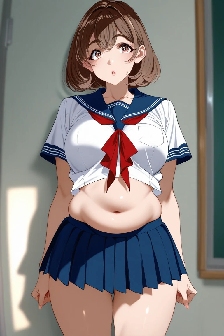 8K,master piece,anime,Perfect Anatomy,Suguha Kirigaya,1female,crossed eyes,(rolling eyes),open mouth,(tongue out),(crying),short sleeved white sailor suit,underboob,((pull down a micro skirt)),short hair,(huge perky breasts),(Very small waist and slim body)