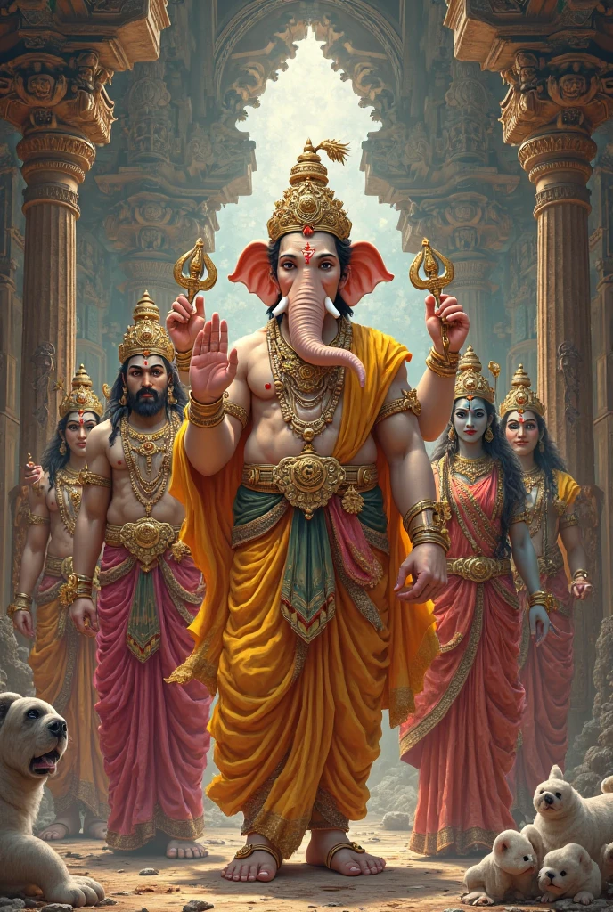 Seated on a lion Lord Ganesh with lord Shiva and lord Shakti, leg near rat