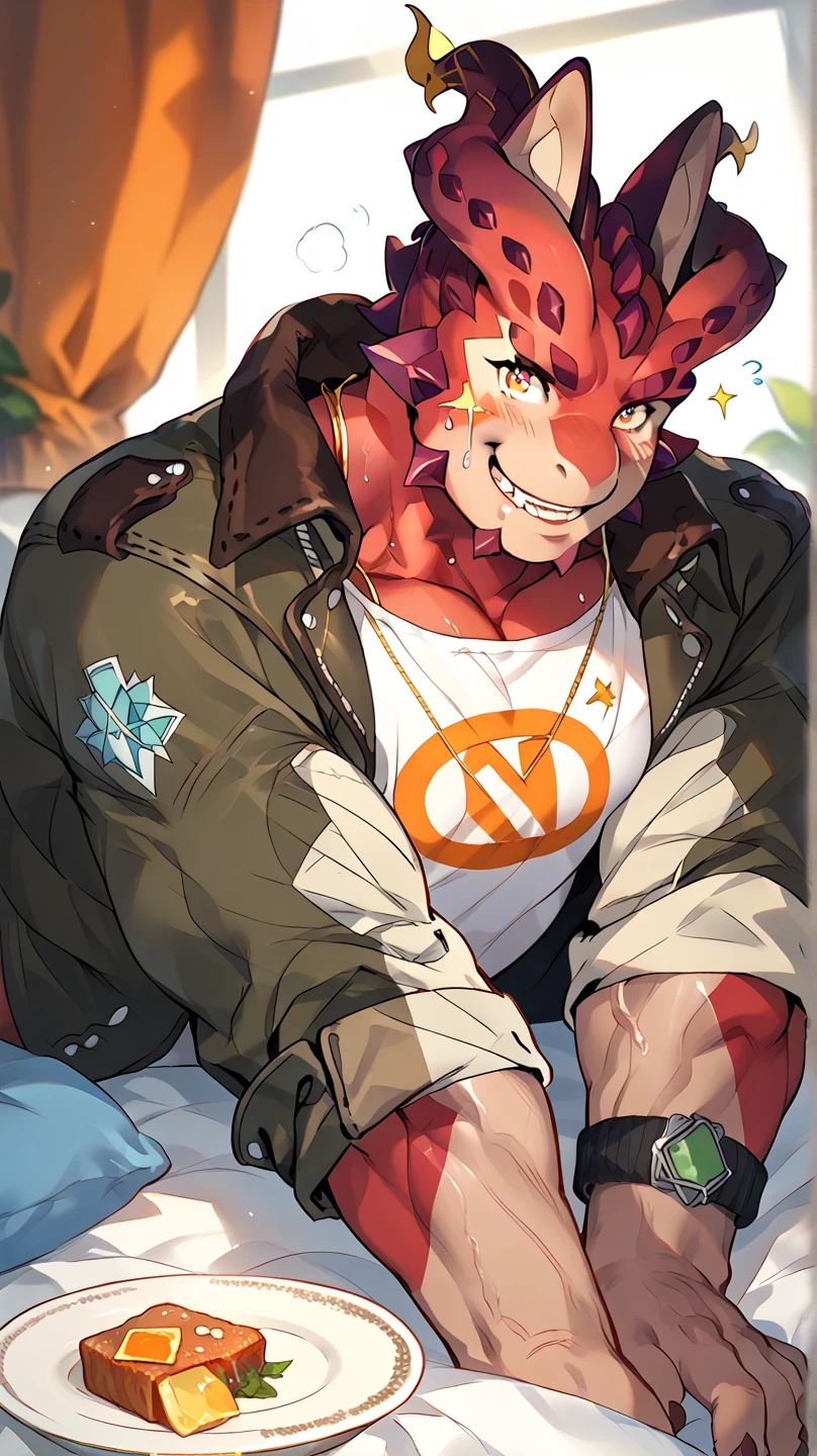 Handsome male, orange hair, short curly hair, orange eyes, horns, bara, smirk, soft features, faded beard, roman nose, black hoodie, chest harnes, black pants, black boots, big bulge, piercings, eating candy, good quality, short hair, tall male
