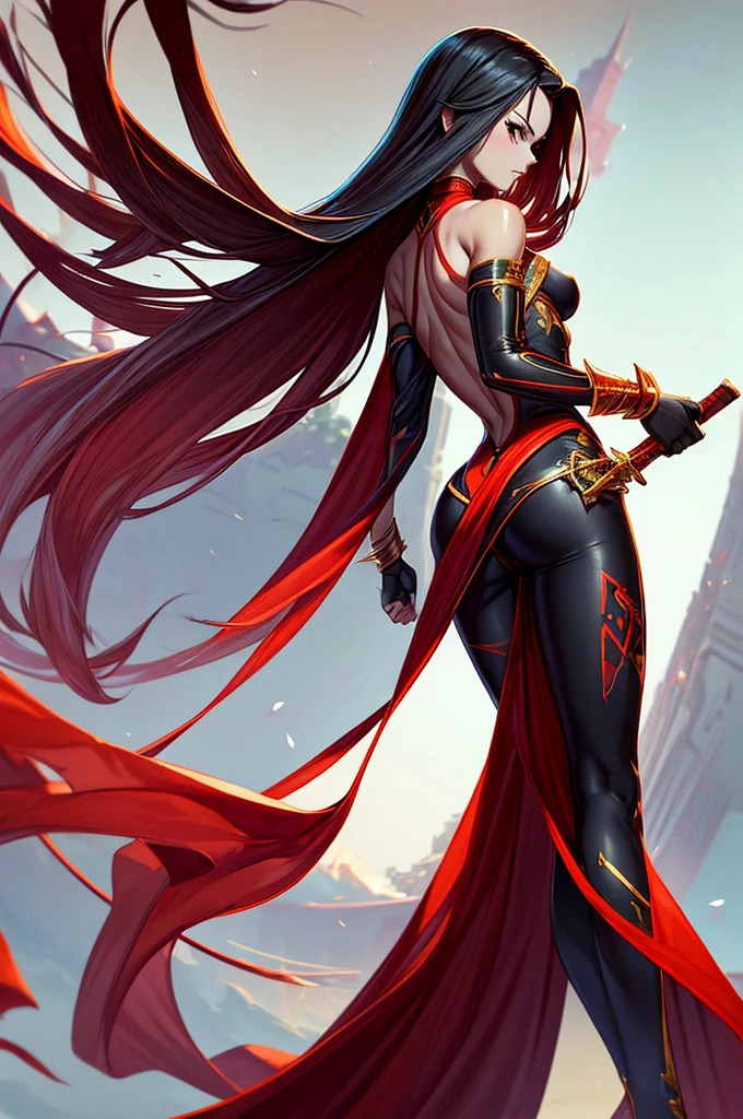 4K,High resolution,One Woman,Red Hair,Long Ponytail,Wolf ears,Blue Eyes,Big Breasts,Swordsman,Red Chinese dress,Well good,Sideboob,Black gloves,Black shoes,Jewelry decoration,Long sword,Plains