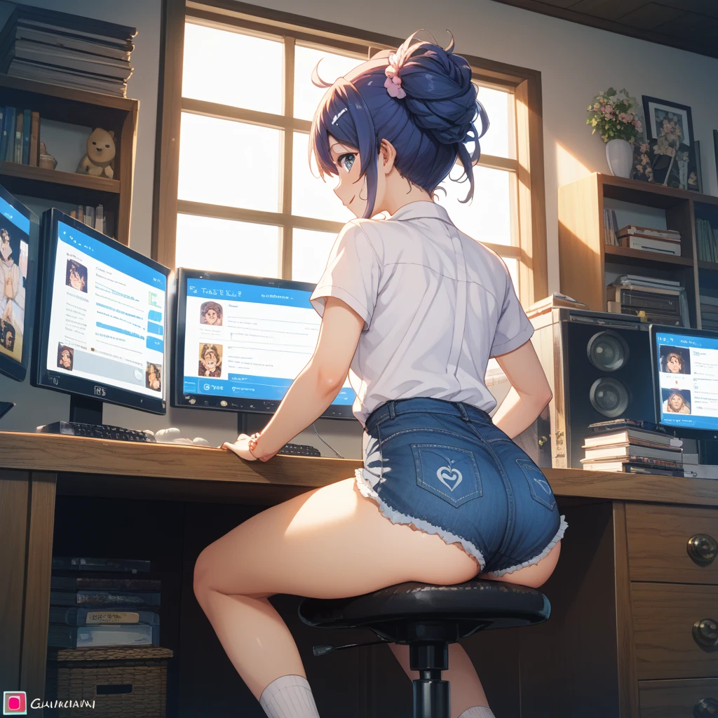Best quality, ultra detailed, 1 girl, black hair, two braids, Blue eyes, glasses, mother, thong, skirt, Background room with computer, dynamic pose, perfect ass, back view