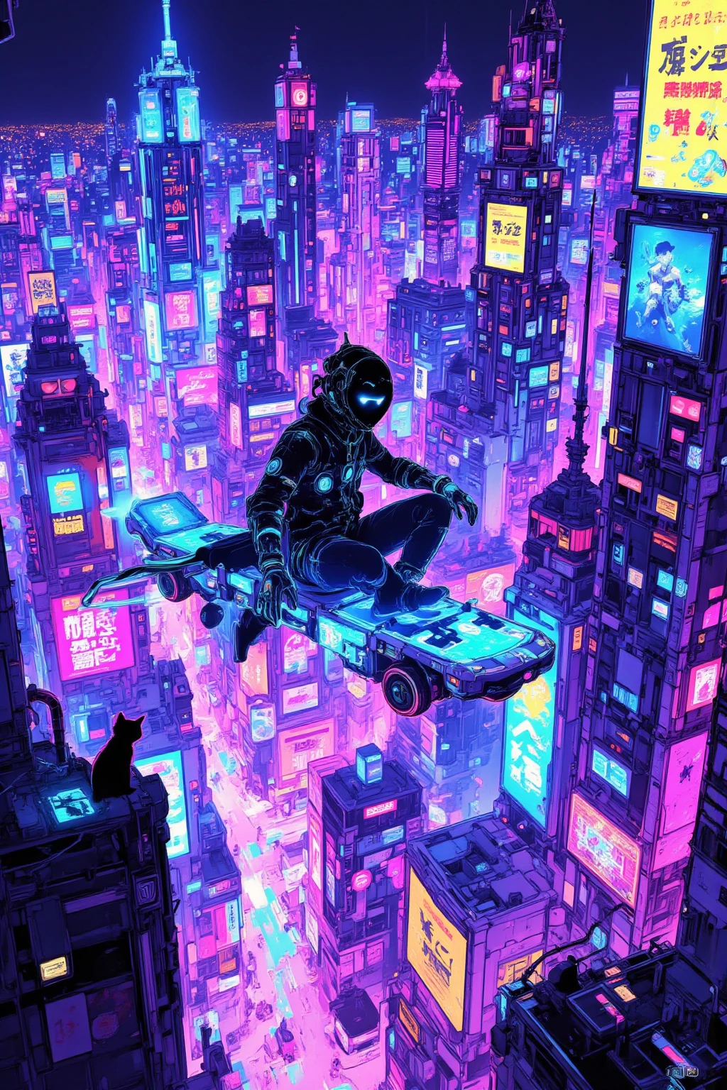 Mysterious Person Who Rides a Hoverboard, futuristic cityscape ,illuminating the vast cityscape with bright neon lights,Neon Signs with Purple Hues Dominating and Blue, green,The city is full of skyscrapers decorated with glowing advertisements and hologram displays,A Person Who Rides a Hoverboard,floating in the air in a dazzling scene, A sense of movement and excitement,The figures have dark silhouettes and are dimly illuminated by the brilliance of hoverboard lights, taking the contrast with the background,A cat sitting on the edge of a nearby skyscraper, Carefully Watching the Scene Unfold, Adding an atmosphere of whimsical curiosity,Mr.々Neon Signs with Blue,Cyberpunk Aesthetics,Digital Utopia,colorful x} A dynamic fusion of technology and urban life,An Atmosphere of Exploration and Futuristic Surprise,Arafe images of a man on a flying skateboard,cyberpunk art style, bright colors of cyberpunk ,  Spider-Verse , Cyberpunk Dream World, Digital Cyberpunk Anime Art, Cyberpunk Aesthetics , hero pose,Colorful city lighting, Cyberpunk Themed Art , Sharp Pointed Toe,  cyberpunk digital art , Dreamy Colorful Cyberpunk Colors