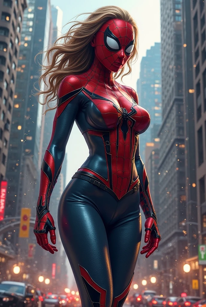 Jennifer Lopez、Sticking out the navel、newyork、She wears a torn Spider-Man suit,wearing skirt、 Red and black color scheme,Dynamic、masterpiece、top-quality、ultra-detailliert、ighly detailed、beautiful detailed brilliance、超A high resolution