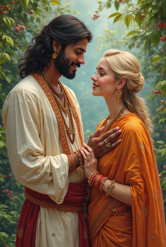 Black long-haired Indian woman and blonde white man hugging and kissing,The background is colored wind and colorful woods,upperbody closeup,The color of the wind,Disney live-action films