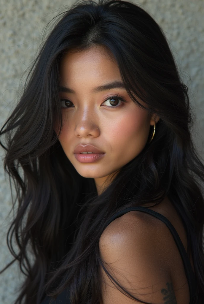 a 17 years old beautiful filipina girl with black hair and dark hazel eyes, slim body and long layered hair with bangs. medium tan skin. eyes is like chinese. medium thin eyebrow. wearing an ekegant dress and small earrings and necklace. chubby cheeks but big face