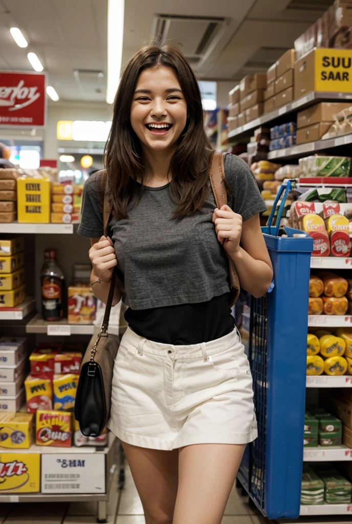 Generate a compelling image from the side of a resilient 16-year-old girl thriving in the ice age, explicitly avoiding any depiction of modern clothing. Emphasize her robust physique, this time dressed in white pants and a white t shirt. Craft a rugged face with pronounced cheekbones, a weathered complexion, and intense, striking eyes. Depict wild, untamed hair, incorporating natural elements like braids with twigs or bones. Place her in a japanese supermarket. The photo is taken with an iPhone and does not look professional. She is laughing
