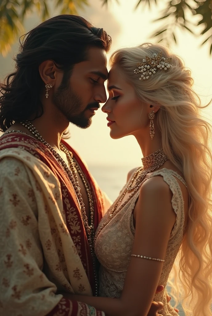 Black long-haired Indian woman and blonde white man hugging and kissing，The background is colored wind and colorful woods，upperbody closeup，The color of the wind，Disney live-action films