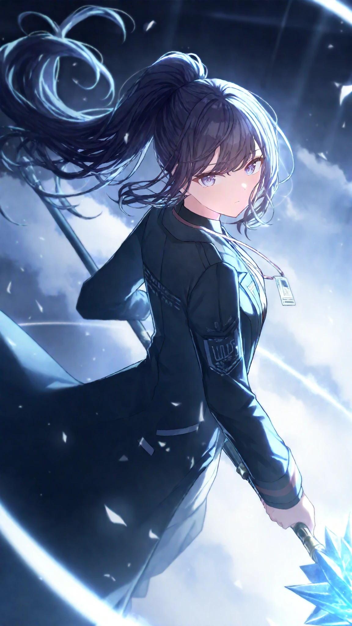 detailed texture, masterpiece, masterpiece, best quality, amazing quality, very aesthetic, high resolution, ultra-detailed, absurdres, (hands:-0.15), dramatic lighting,
(1girl, beautiful, lady, young, solo, female:1.25),(angled shot, looking away from viewer, turning body, dynamic pose, medium shot:1.2), ponytail,  mafuyu, blue eyes, purple eyes, expressionless, black formalwear, long coat, ID tag, Limbus Company uniform, kevlar vest, white buttoned shirt, glowing mace, staff,
BREAK, depth of field, volumetric lighting
 
