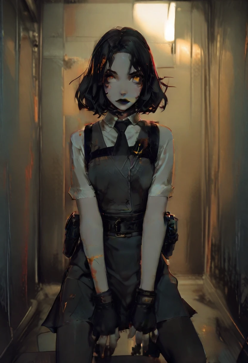 juri han, work of art, tight white secretary shirt with black tie, black high waist skirt, short skirt,stocking, black hair, black tights,evil smile,office,franja nos olhos,lighting,chifre de cabelos,view from above,olhando para cima