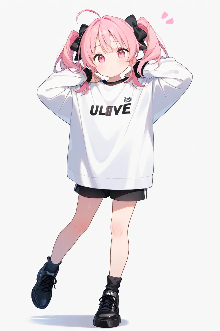 White haired cat, purple eyes fair skin with fox tail and ears, wearing a white sweatshirt and black pants 