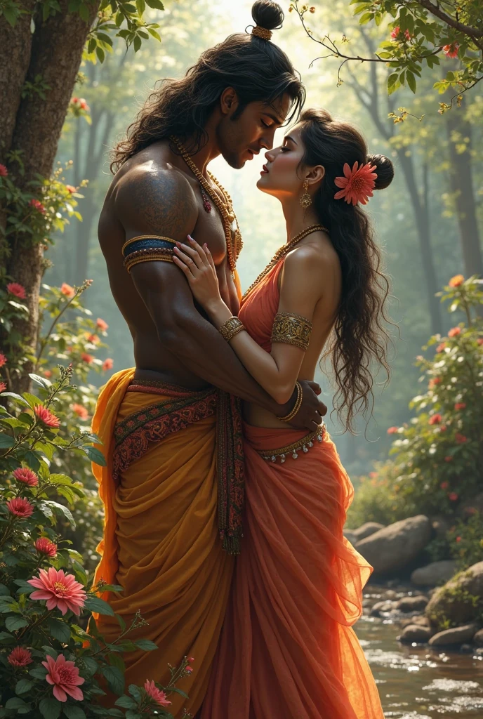 A strong indian muscular warrior women , breastfeeding a man