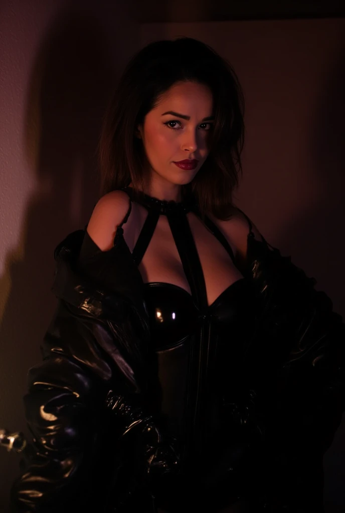 freura sexy, lingerie,posing for a photo, red neon lights, Red background, darksynth aesthetics, fetish fashion aesthetics, perfect body.