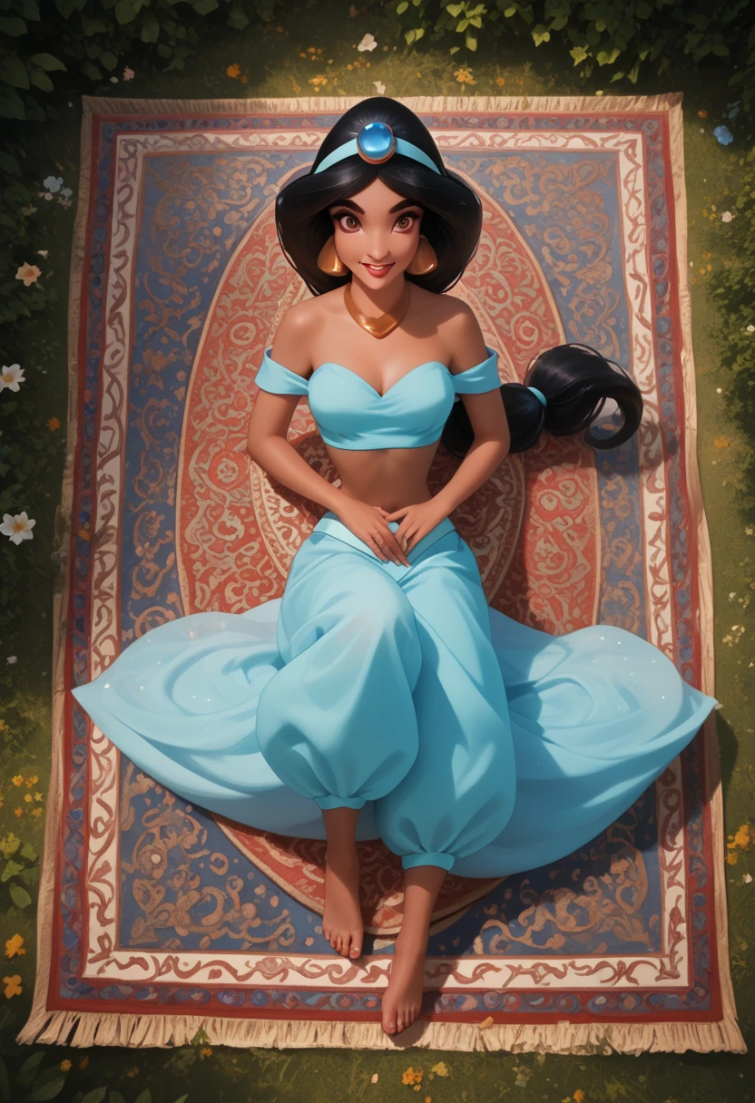 The magic carpet in Aladdin. Close-up. It carries Aladdin and Jasmine around the desert kingdom of Agrabah, where they live in poverty. While secretly earning a living, he pines for his late mother and tries to become a man who will one day live up to her shame. By chance, he becomes the master of the lamp nymph Jeannie. The jolly lamp nymph Jeanie serves Aladdin, who becomes her master and tries to fulfil his ‘three wishes’. His big eyes should be wide open, reflecting the surreal world of the desert kingdom of Agrabah. Genie, the jolly lamp fairy, Aladdin and the Wizard. The lighting is soft yet dramatic, the suitors just as pretentious, but affectionate and craving freedom. Modern women are intelligent and strong, sometimes using their beauty as a weapon. The colour palette is a mix of soft pastels and dark, introspective tones, creating a balance between innocence and her complex thoughts.