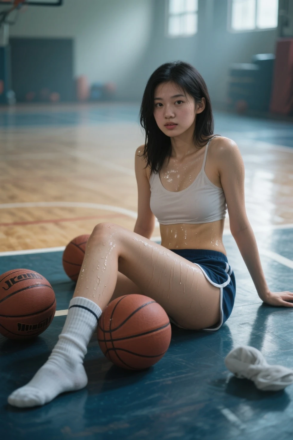 masterpiece, best quality, realistic, colorful, delicate, sharp focus, (PureErosFace_V1:0.5), (detailed beautiful delicate face, high detailed skin, skiny and thin:1.3), 1girl, 19 years old, tall, (smooth_abs:1.55), (abs:0.5), pretty, masterpiece, (long_skinny_legs), (straight_legs), (skinny_waist), (((fair skin))), white skin, bandeau, (school_uniform:swim_suits:0.5), yellow/pink shorts, chestnut brown hair, looking at viewer, yellow/orange sports shoes, glasses, (Emma_watson), big_breast, swimmer, white knit hat, boxer
