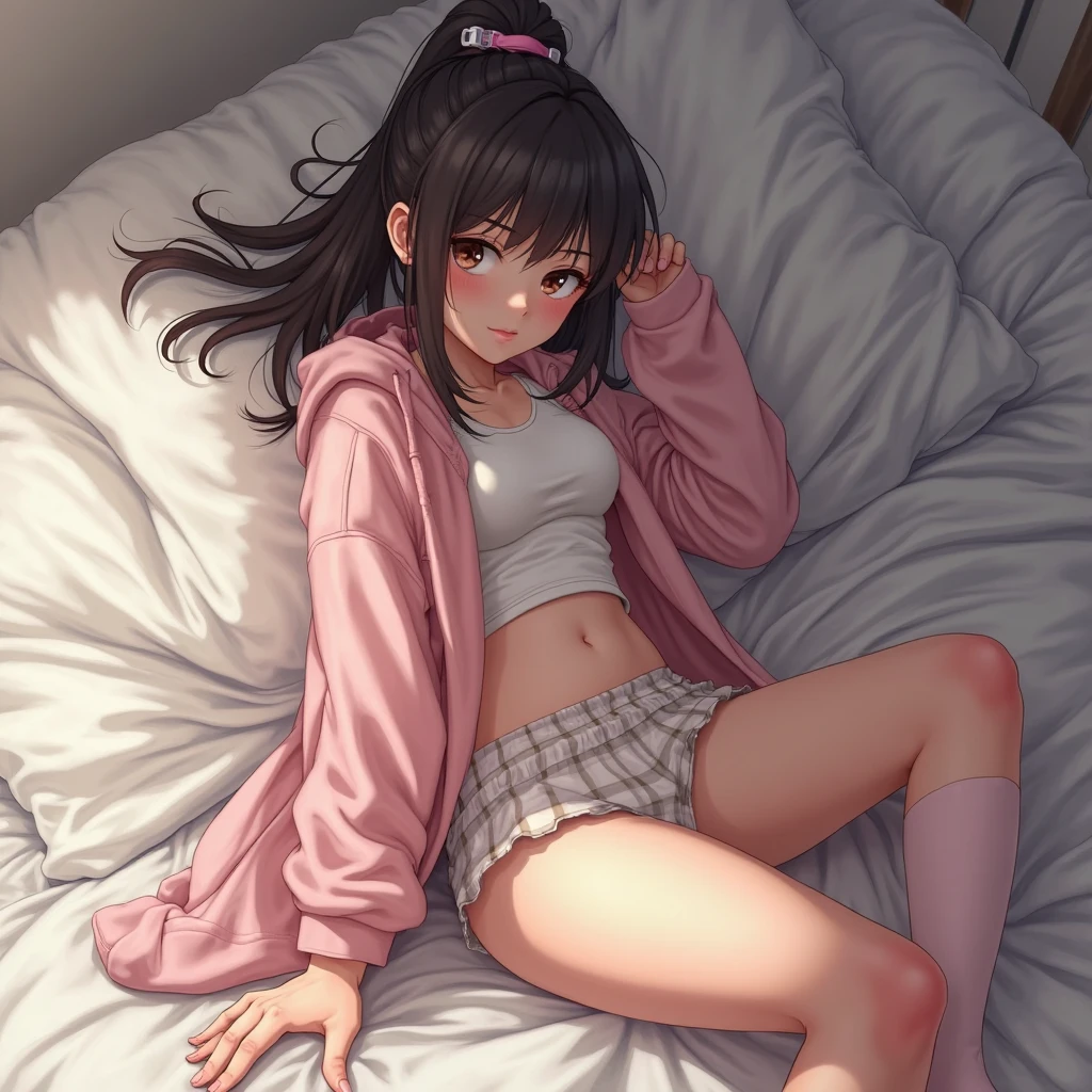 Brown long-haired。Brown eyes。I'm at gaming desk。Facing forward。Showing bare feet。wearing blue and pink underwear。horny blushing sexy