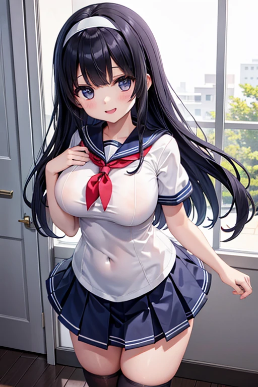 masterpiece, best image quality, ultra high resolution, ( girl with flat breasts), twin tail hairstyle, black hair, red face, shyly, mock, Open your mouth just a little, (A short-sleeved white nurse uniform that shows the cleavage of a lolil), (white thigh high socks for loli gir well-shaped lower body, nurse cap, Inside the hospital, sexy nurse uniform