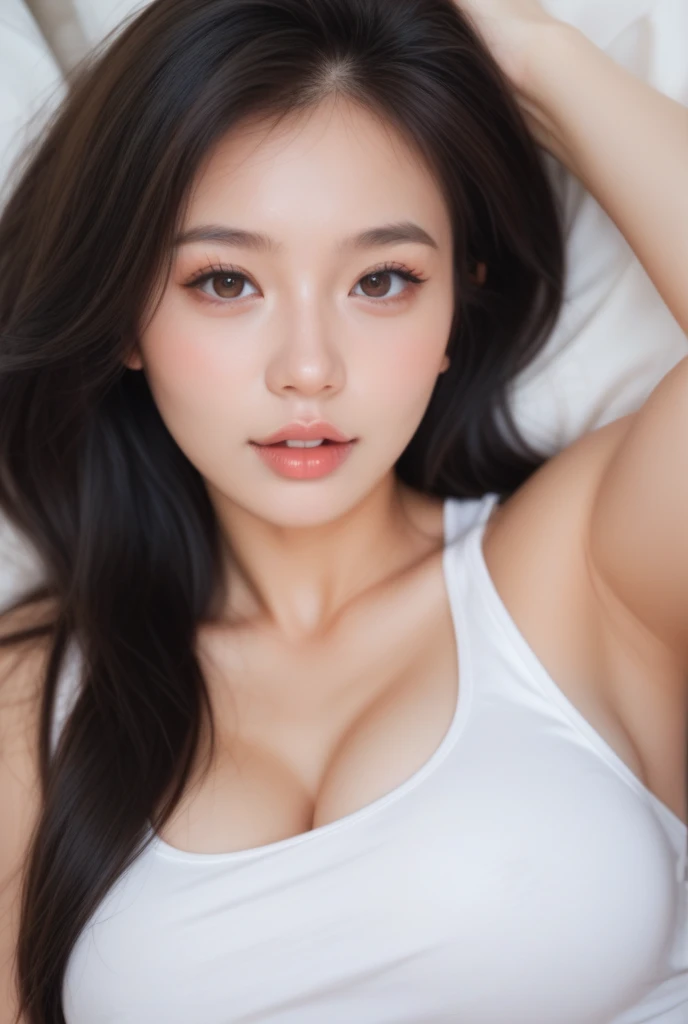One person, Long Hair, chest, bangs, Black Hair, High resolution, masterpiece, Highest quality, 大きなchest, Face hiding, Simple Background, Overlooking, Off-screen, Widescreen, On the bed、Lying down、Simple Background, chest囲図、Character profile,