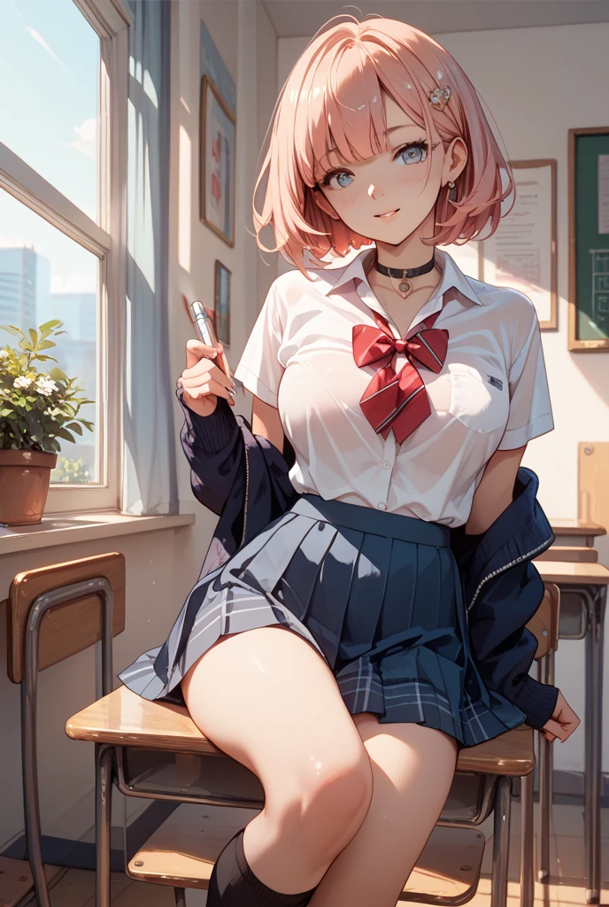 Buns under both ears、Pink Hair、Pink Hair、Pull up your skirt、high school girl、Japanese 、classroom、Pull up your skirt、Showing panties、黒いShowing panties、Blushing、Pink Hair