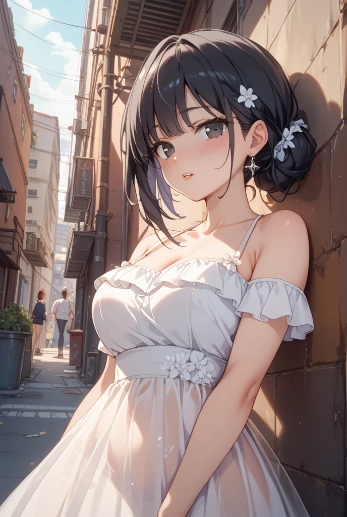 ((Top Quality, 8K, Masterpiece: 1.3)), Focus: 1.2, Perfect Body Beauty: 1.4, Ass: 1.2, ((Layered Haircut, Breasts: 1.2)), (Wet Clothes: 1.1), (Sunset, Street: 1.3), Bando Dress: 1.1, Highly Detailed Face and Skin Texture, Narrow Eyes, Double Eyelids, Whitening Skin, Long Hair, (Shut Up: 1.3), Smile