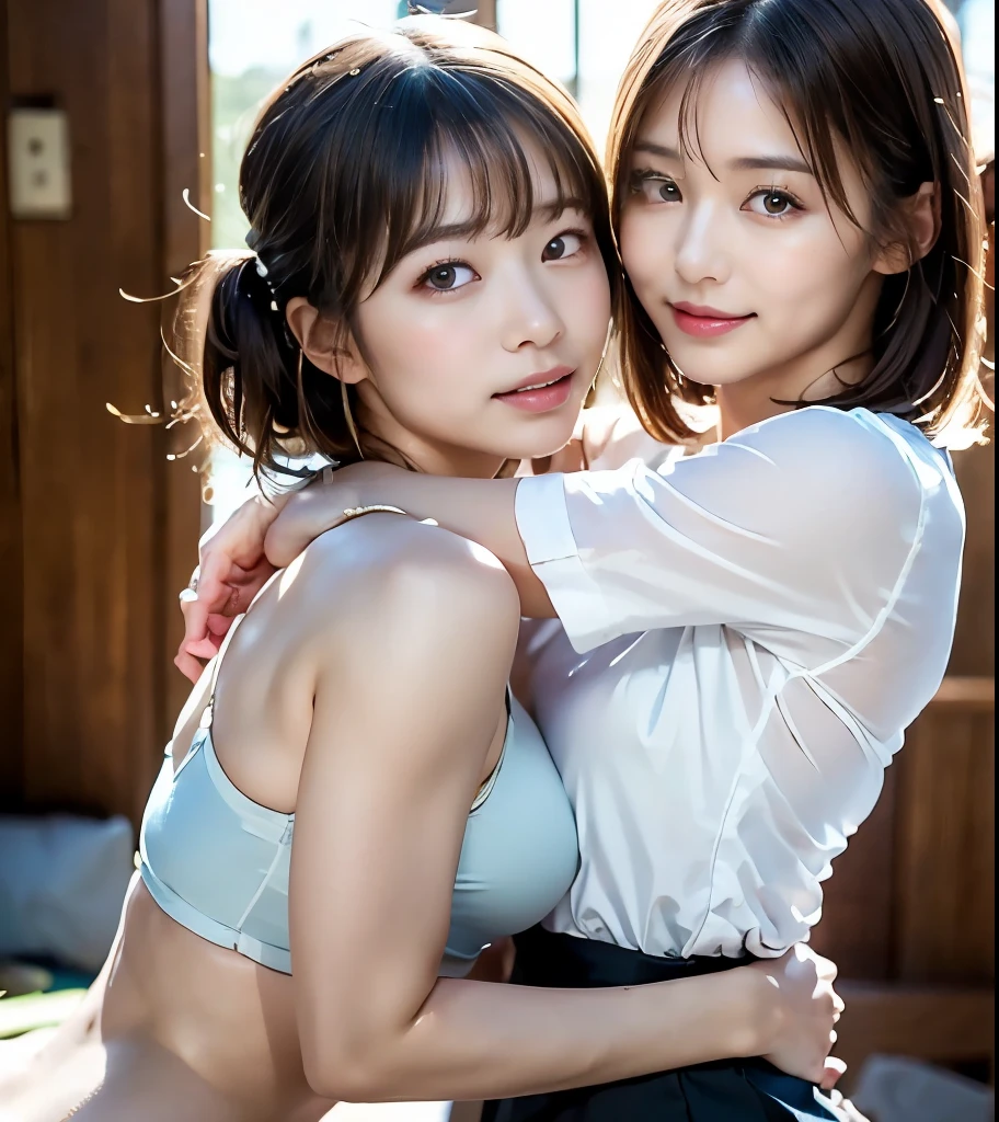 2 women having fun,leering:1.2, lecherous:1,2, Hentai:1,2, NSFW:1,2, Lesbian Yuri:1,2, Kissing, Blushing, Wear a tank top and pleated miniskirt, Hot summer days