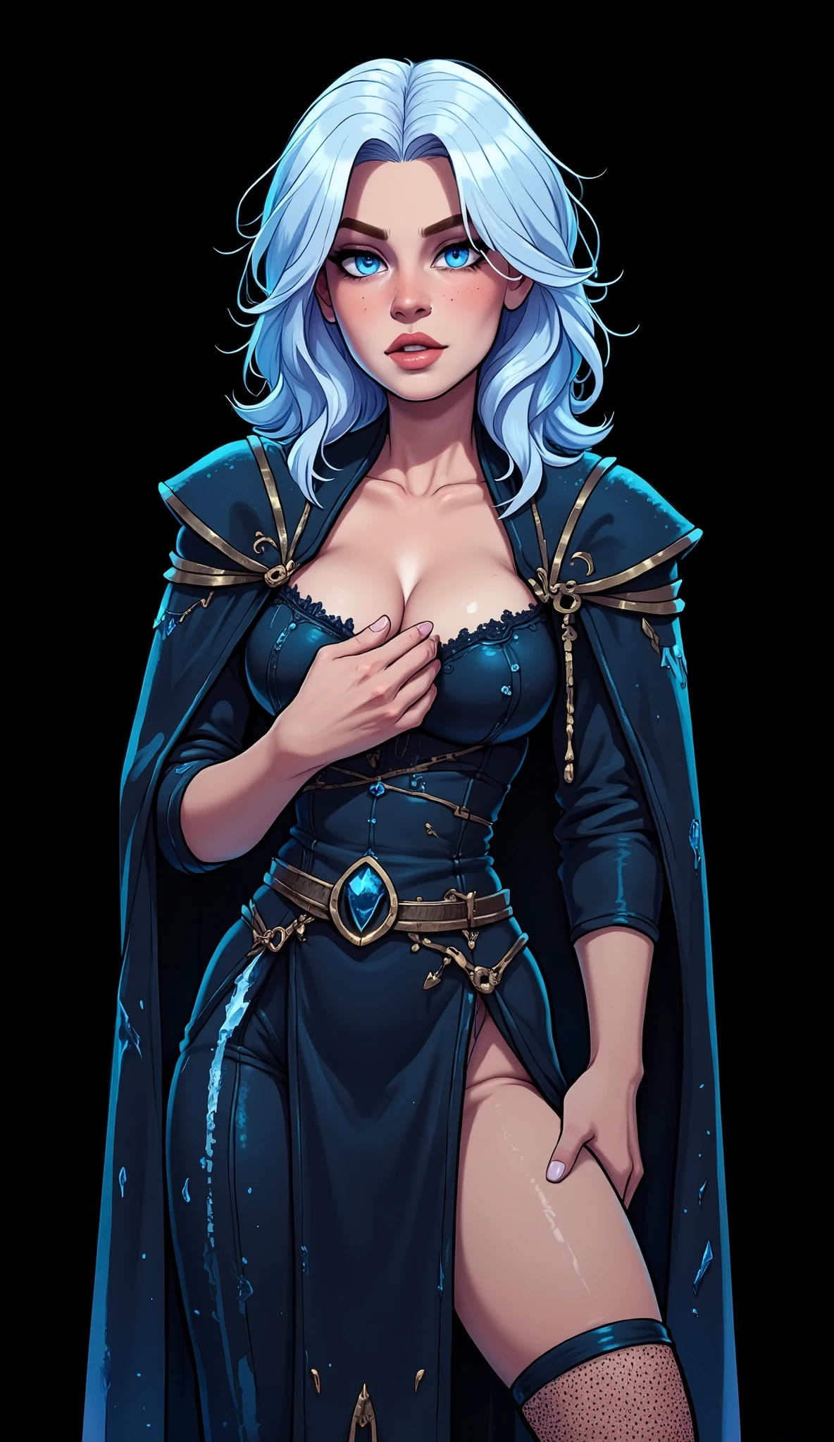 (((best quality, 4k, extremely detailed, realistic, watercolor drawing:1.5, masterpiece))), (((ice sorceress cute young girl))), (hand on chest pose), ((moan, horny, blush, shy, masochism lust face)), white or blue hair, random haircut, wizard black robe with white ice trim, high heels, big breasts, slim waist, thicc hips, perfect detailed face:1.4, beautiful slavic face, (big eyes), blue eyes, medieval fantasy, ((full body:1.3)), (((black background)))