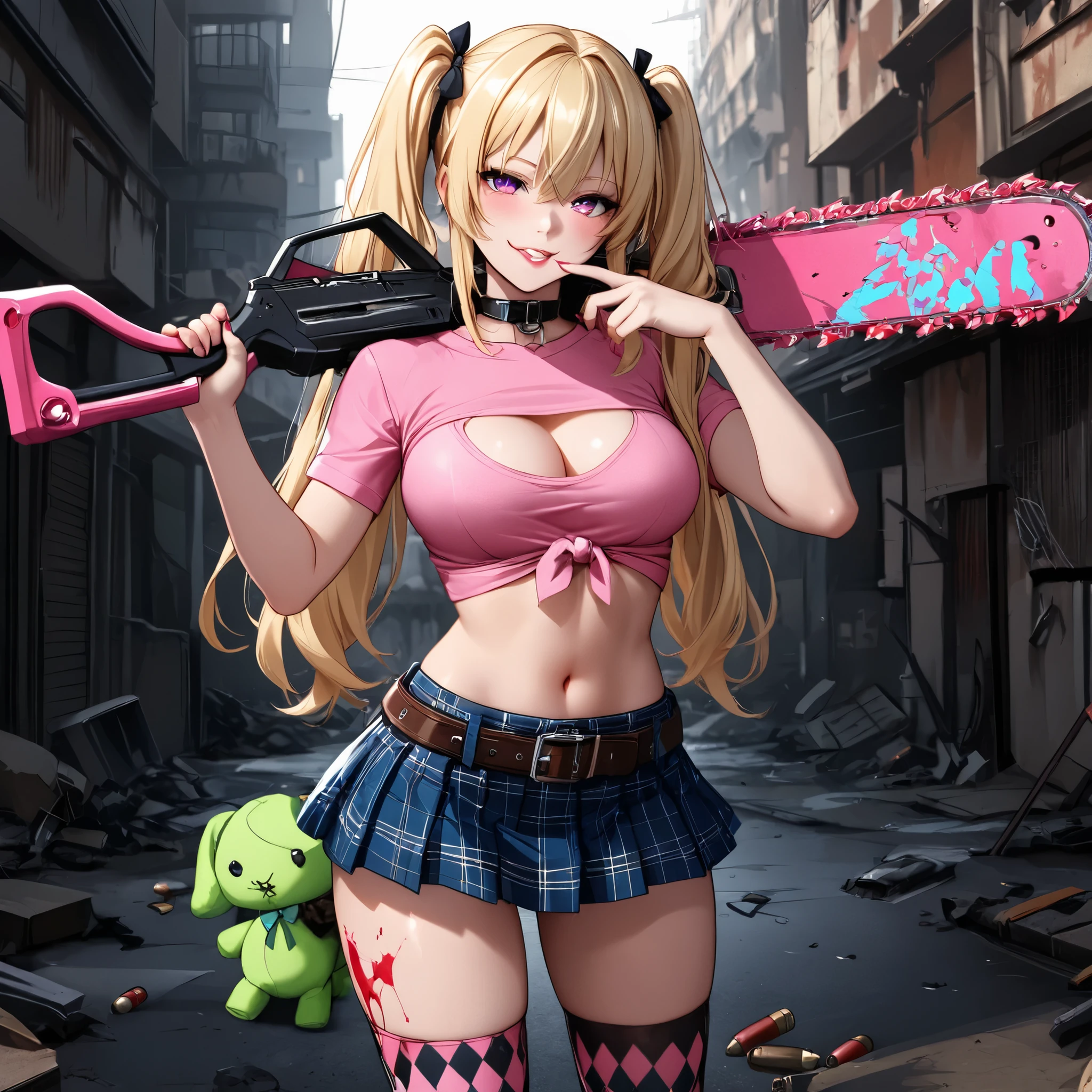 A seductive, stylized zombie slayer in a post-apocalyptic city. She has long blonde twin-tails, tied high with ribbons, wearing a tight pink crop top revealing cleavage, a blue plaid miniskirt stained with blood, and thigh-high black-and-pink argyle stockings. She holds a giant pink chainsaw over her shoulder, posing with a confident smirk and a finger to her lips. Her belt holds shotgun shells and a cute green plush toy. She stands on a ruined street with collapsed buildings and debris in the background. Stylized, cinematic lighting, slightly playful, chaotic, sexy, and dangerous.