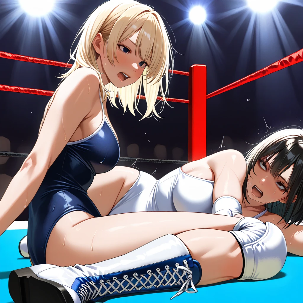 (1 boy, 1 girl), a teenage girl in mixed bondage wrestling with a teenage boy, they are roughly the same age, the girl is wearing a red pleaded careered skirt and a black pullover, the girl has a is a bit smaller than the boy, the boy is wearing casual clothes, teenage boy hogtied and struggling against the ropes, girl applying more ropes to the teenage boys body, blushing boy dominated and controlled by the girl, the girl is smiling and laughing and tries to humiliate the teenage boy, the teenage boy is blushing and ashamed and is gritting his teeth, he desperately tries to break free but to no avail, the girl is sitting on top of the teenage boy to prevent him from moving and has ropes in her hands and uses them to tie up the arms of the teenage boy behind his back, the girl is saying „this must be embarrassing for you“ , huge struggle, many viewers watching, wrestling ring,intricate rope work, teenage boy blushing and ashamed, dramatic lighting, highly detailed, photorealistic, 8k, masterpiece, teenage girl vs teenage boy, femdom, power, control, beautiful teenage girl, detailed faces