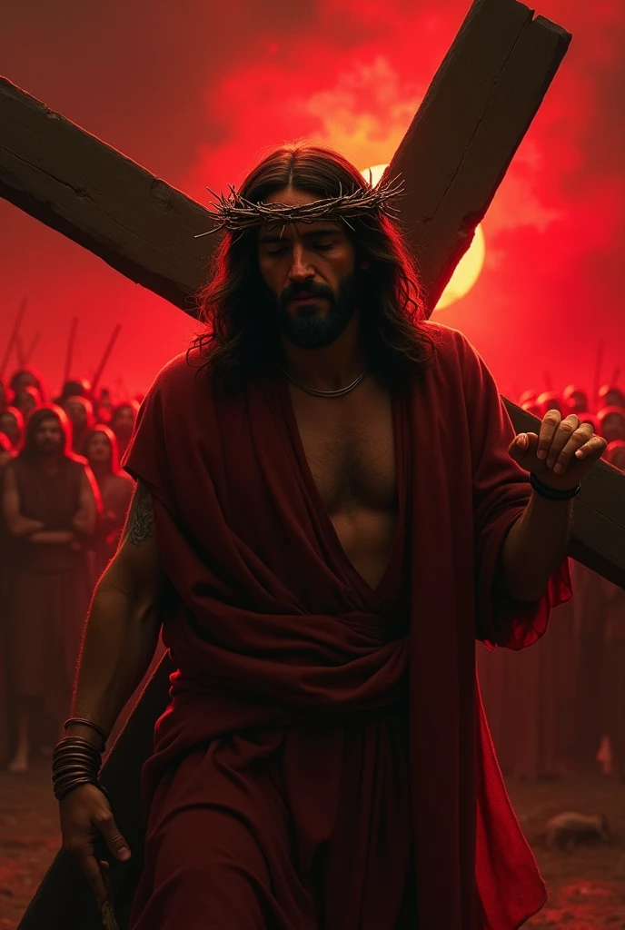 Jesus the Metalist in tattered clothes, mysterious smile, A crown of thorns on the head, realistic view, HdR, At a metal concert, In the background, a dancer near wooden crosses