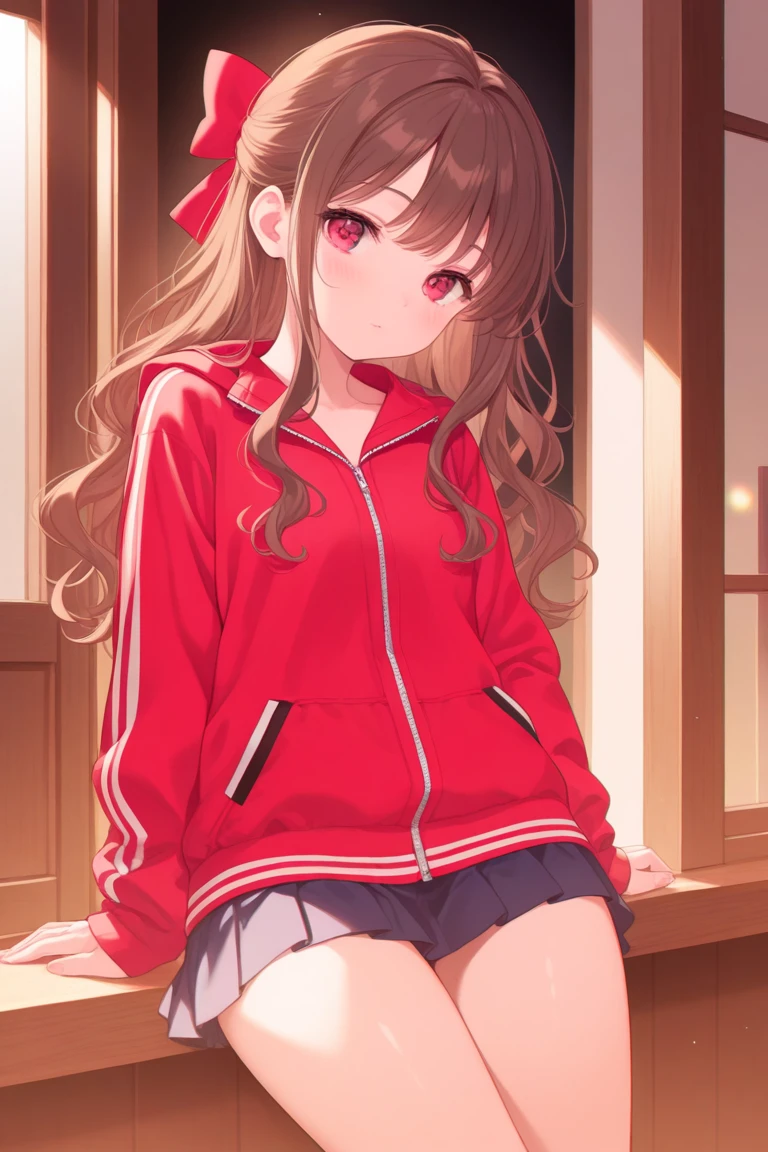 ((4K, master piece, Best Quality)), 1girl in, Light brown SHRT hair, Red Eyes, center parted hair, medium breasts, Cute, blush, oversize hoodie