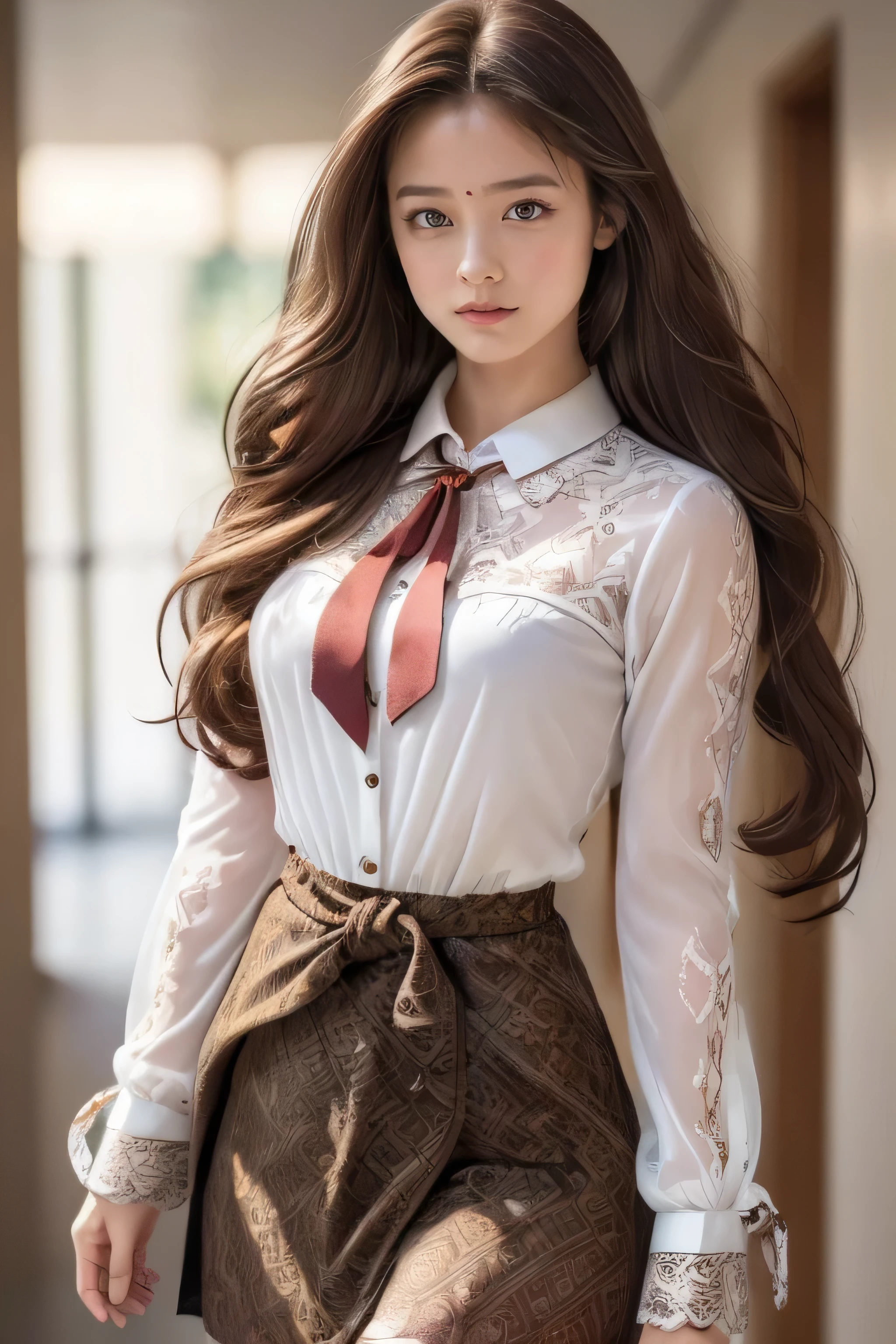 (1girl:1.3), cinematic light, (masterpiece, top quality, best quality, official art, beautiful and aesthetic:1.3), extreme detailed,highest detailed,(ultra-detailed),((an extremely delicate and beautiful)), 
 breasts, silky long hair, (brown hair), 
shirt with collars, waist up, dramatic lighting, from below,
