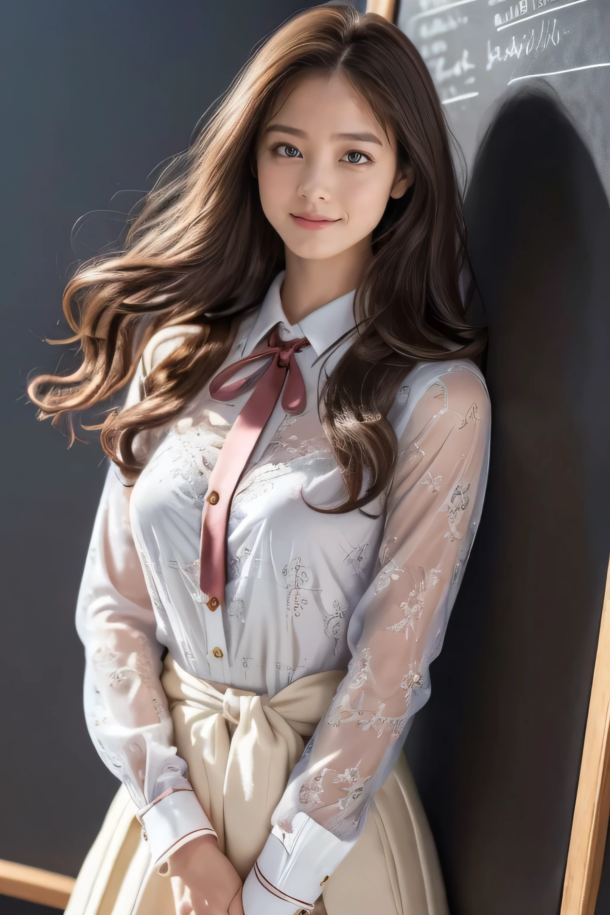 ((Beautiful girls:1.3)) ((black and white shirt dress_Long sleeve_With collar:1.4)) ((In the hotel lobby:1.3)) ((thin_fabric:1.4)) ((Waiting for someone_Standing and crossing your legs:1.3)) ((her face is flushed、hair is loosely curled.:1.2,right:1.4)) ((Large Breasts:1.2)) ((close:1.2)) Highest quality,Tabletop,Ultra-high resolution,(Realistic:1.4),RAW Photos,(Real skin texture:1.3),(Film Grain:1.3),Panorama,Character Portrait,Very wide shot,Tight waist,Cowboy Shot,(In the Dark, Deep Shadow, Low Key, Cold Light,) night,((Loosely inward wavy hair:1.2)),Tyndall effect,(Performance),One Girl,Beautiful and detailed eyes and face,White Jabot,Brown eyes,((brown super long hair:1.2)) ((smile:1.3))