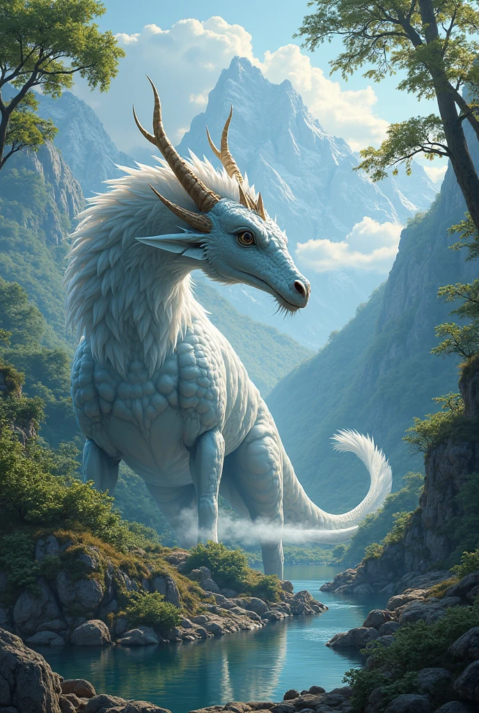 ivorygoldai, feral, fluffy white dragon with gold accents, antlers, fluffy back, meadow, blue flowers, midday, cumulous clouds, god rays, extremely detailed, hdr, masterpiece <lora:IvoryGoldAIv2:0.6>