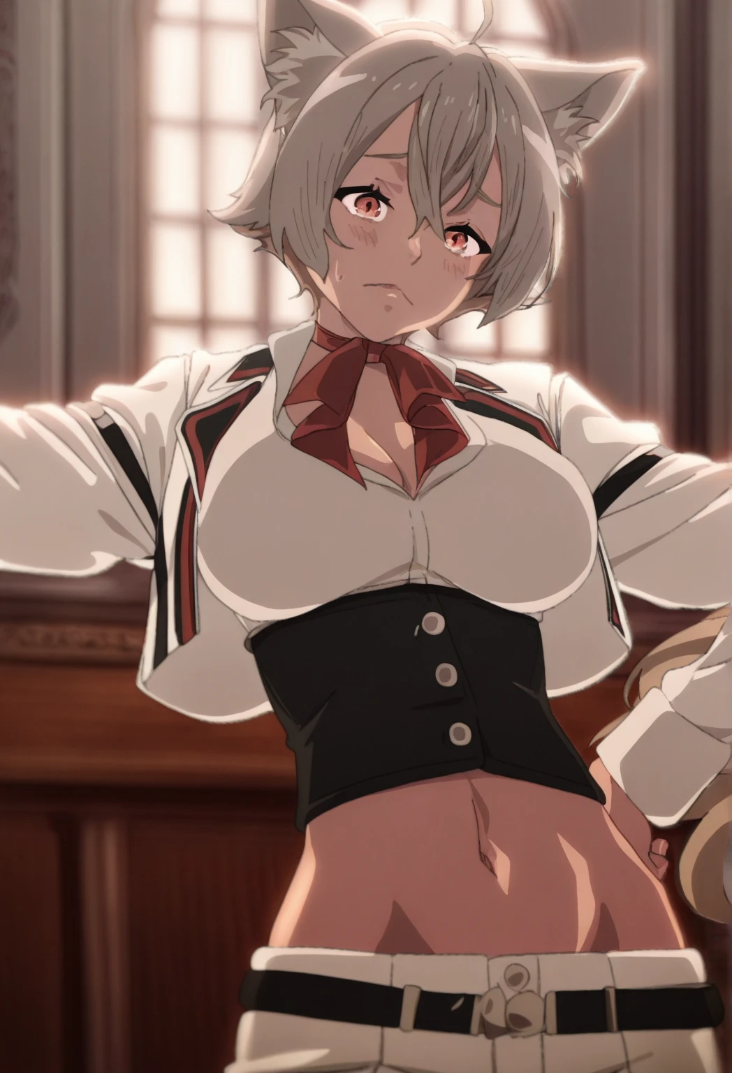 A girl，blond hair, short hair, Eye:1.5), (Medium Breast:1.2),
Rest special short skirt, skirt, White shirt， Seto Fuku,Low-cut，Open shirt，Close your eyes，boots，Cleavage rests while looking at the audience,
Rest indoors, Class break (masterpiece:1.2), best quality, high resolution, Unity 8k Wallpaper, (illustration:0.8), (Beautiful and delicate Eye:1.6), Extremely detailed face, Perfect lighting, Extremely detailed CG, (Perfect hands, Perfect anatomical structure),