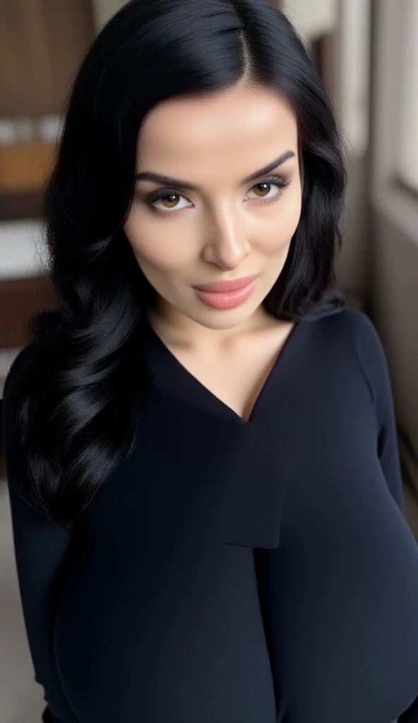 photorrealistic, sharp focus, raw amateur photo, beautiful 29 year old Persian-Russian girl [Vladlena Farideh|Anahita Oksana], just woke up, tire uma selfie na cama, thin and transparent black sweater, thick body, curly hair, Detailed texture skin & pores, (goose bumps:0.7), gazing at viewer, Facial Focus, taken with cell phone camera, Film grain, latern, instagram LUT