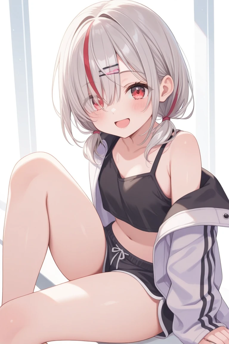 14 years old, school girl, sports bra, short , ponytail, fit clothes, red eyes, silver hair, spread leg, wet, Lying with legs spread,