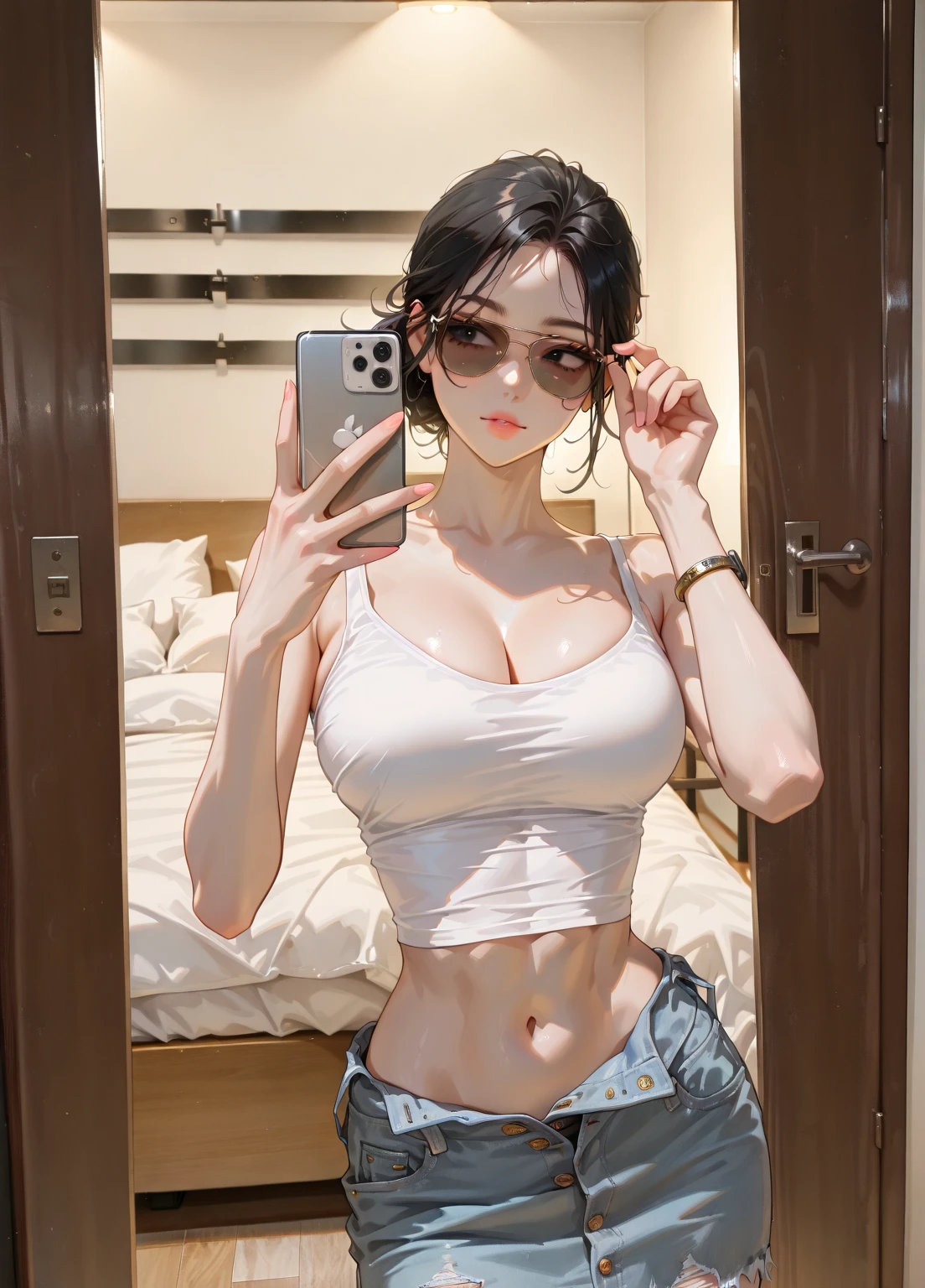there is a woman taking a selfie in the mirror, ayahausca, 1614572159, look sexy, corpo todo;, corpo todo!!!, 18 anos de idade, Lorena Avarez, 22 anos de idade, 21 anos de idade, vestida com top e shorts, casual, 23 anos, 1 8 are