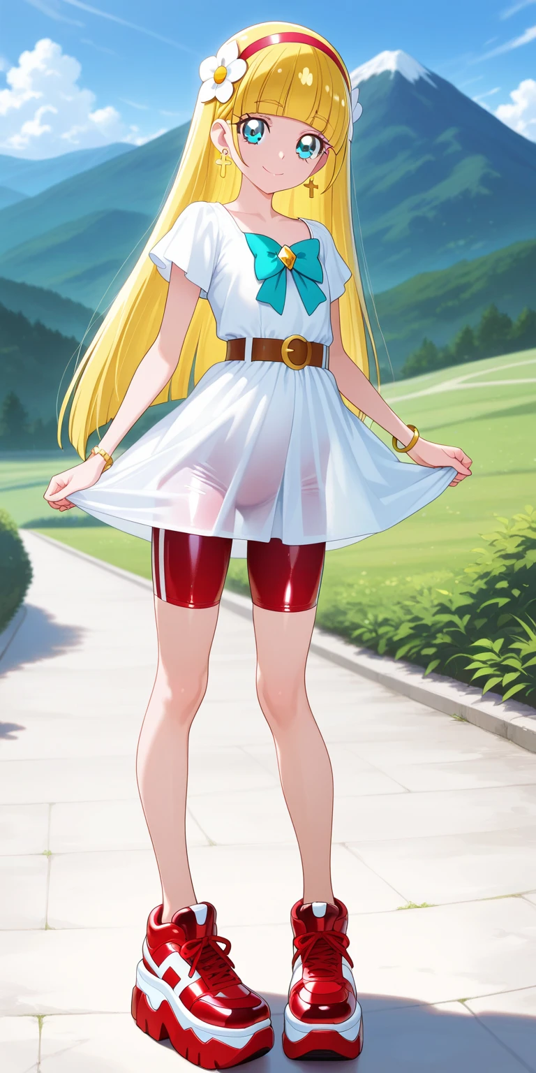 masterpiece, Highest quality, so beautiful, Absurd, Awe-inspiring, Long Hair, Blonde, Hair Ribbon, blue eyes, Earrings, (red_Tank top:1.5), (white_Long skirt:1.5), garden, Are standing, Cowboy Shot, Mid-chest, smile, (Lift up the skirt:1.5), (white_Panties:1.5), (Thick thighs:1.5), (Wide pelvis:1.5)