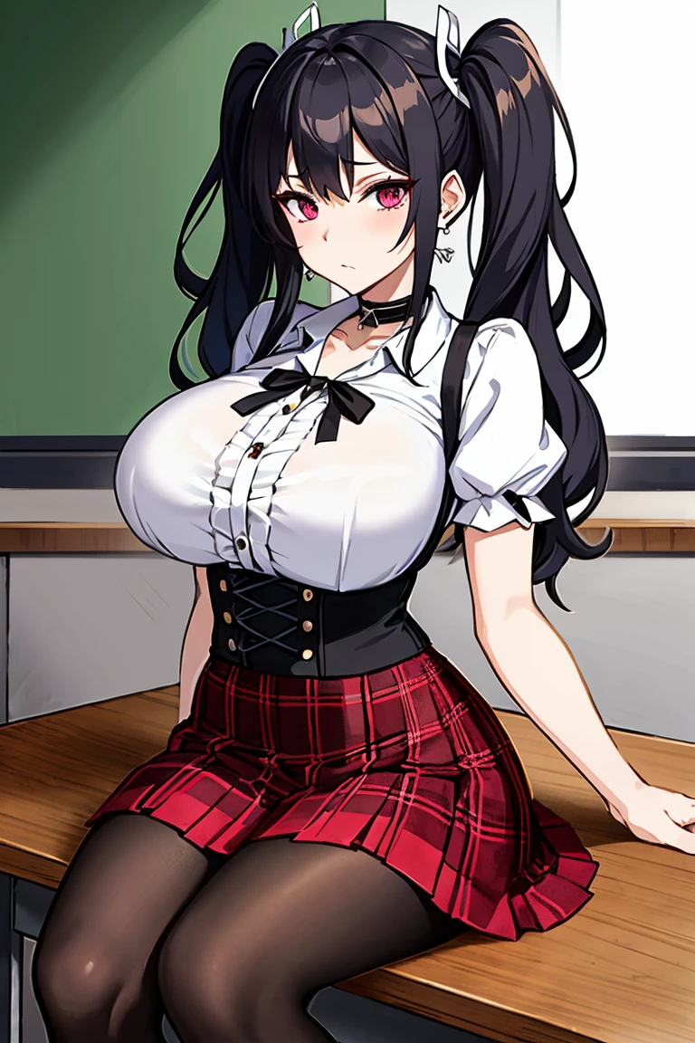 best quality, masterpiece, highres, solo, {taiho_azurlane:1.15}, black_hair, long_hair, red_eyes, bangs, breasts, hair_between_eyes, large_breasts, ahoge, cleavage, very_long_hair, blush, hair_ornament, smile, collarbone, 1girl, armband, black_bow, black_bowtie, black_skirt, bow, bowtie, button_gap, collared_shirt, glasses, jacket, long_sleeves, looking_at_viewer, off_shoulder, official_alternate_costume, red_jacket, school_uniform, shirt, skirt, white_shirt, open_clothes, open_jacket, pleated_skirt, bra_visible_through_clothes, pantyhose, black_pantyhose, shirt_tucked_in, underwear, bra, closed_mouth, crossed_bangs, round_eyewear, sitting, white_background