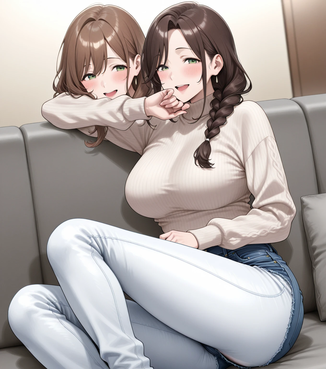 2heads, a short fat woman with 2 heads. She has massive breasts. She is laying down in a bedroom with a window. She is wearing a tight fuzzy sweater and leggings. She looks mature. She has long brown hair in a ponytail. She has massive breasts. She looks mature. She has an aroused expression. She is blushing. Her breasts are gigantic. She is laying on her back. She is laying down on a bed. Her head is resting on a pillow. She has enormous breasts. She is in her back.