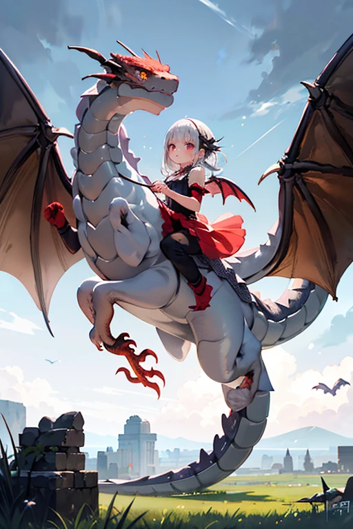 1 girl and dragon, dragon, elf, silver hair, bob cut, braid, red eyes, mini skirt, dragon charmer, concept art, beautiful anime scene, beautiful anime scenery, top rated on pixiv, highest quality, 4K