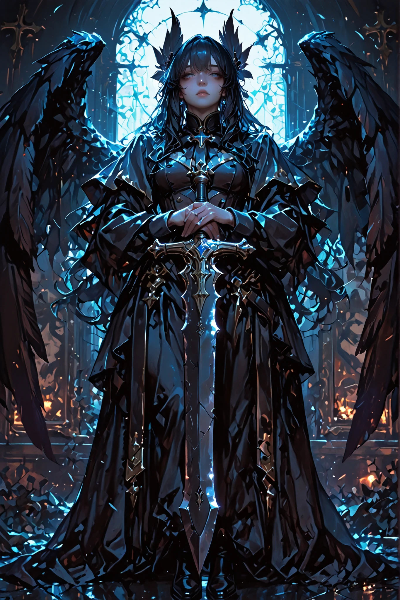 Fallen Slayer: Raven Wings、Eyes are hidden by wings、full body image、Standing picture、Magical Girl、A large sword made with wings、 holds it with both hands