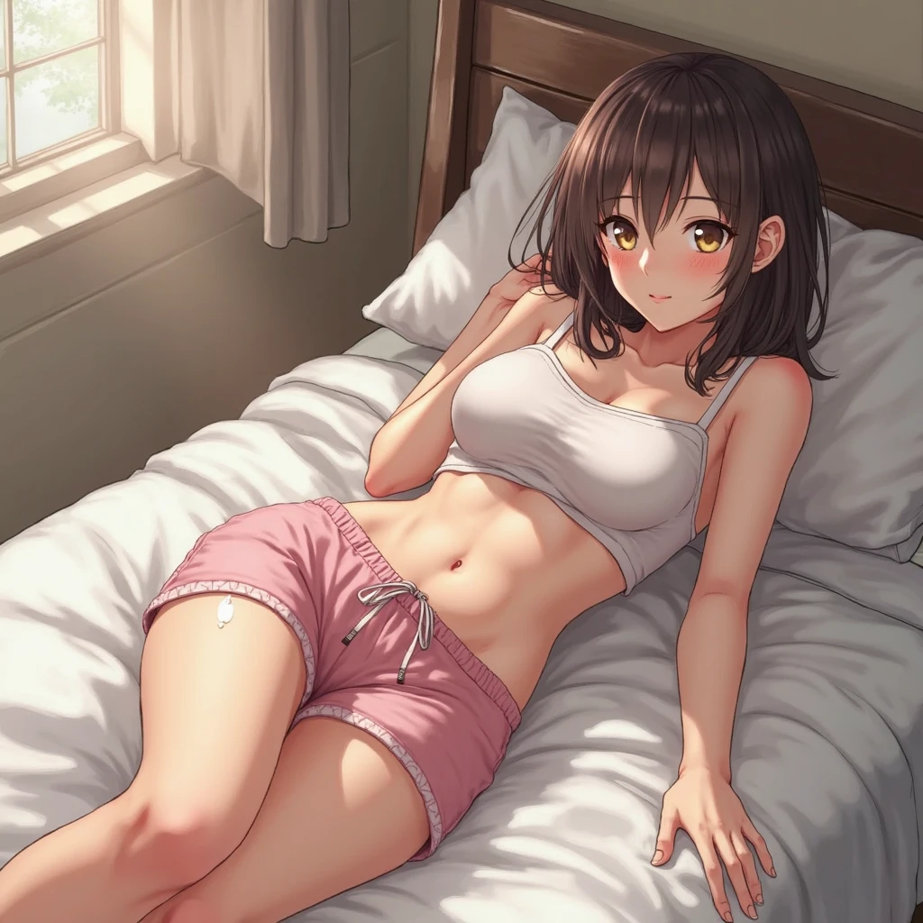 2D,highest quality,(masterpiece),(whole body),Aya Shameimaru,Black Hair,(short hair),1 female,ear,(Healthy brown skin:1.6), Shiny skin,Sunburn,(light brown skin:1.5),(Denim hot pants),Tank top,barefoot,barefoot,Sexy bare legs,Attractive thighs,Butt,Total,Bedroom,On the bed,Get drunk with liquor,Sweat,Superior,cheeks are bright red,Get a good night's sleep,Sleeping on your stomach,Sleeping face like an angel,Cute with bruises,erotic,I feel it,Denim hot pants,night,Breathe heavily,Sexy as a little devil,I love you、Angle shot from directly above