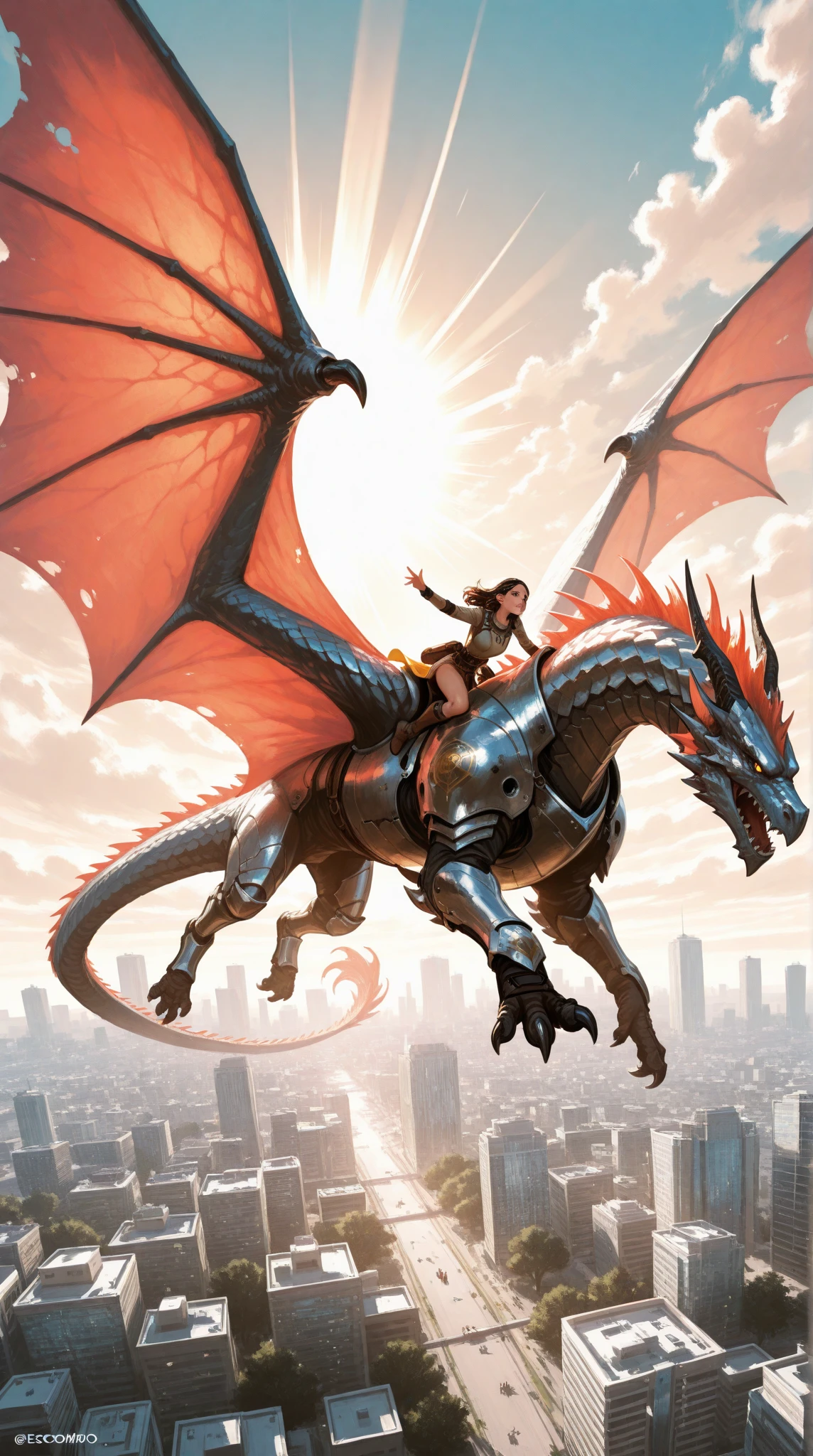 A dark-haired woman in a flowing cape, heroic pose, sitting on a huge mechanical dragon in a fantasy landscape, cinematic lighting, moody cloudy sky, epic fantasy scene