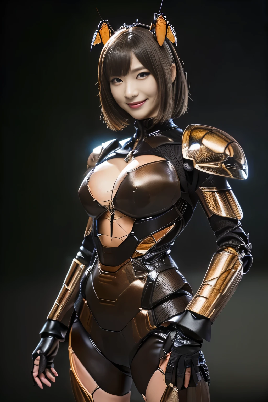 (high resolution,masterpiece,best quality,extremely detailed CG, anime, official art:1.4), realistic, photo, amazing fine details, all intricate, gloss and shiny,awesome many layers, 8k wall paper, 3d, sketch, kawaii, illustration,( solo:1.4), perfect female proportion,villainess, (fusion of dark brown cockroach and lady:1.4), (brown cockroach form lady:1.2), (brown cockroach lady:1.2), (fusion:1.2), (solo:1.4), (evil smile:1.2), muscular, abs, (cockroach brown exoskeleton bio insect suit:1.4), (cockroach brown exoskeleton bio insect armor:1.2), (brown transparency cockroach wing:1.4), (brown cockroach antennae:1.3),