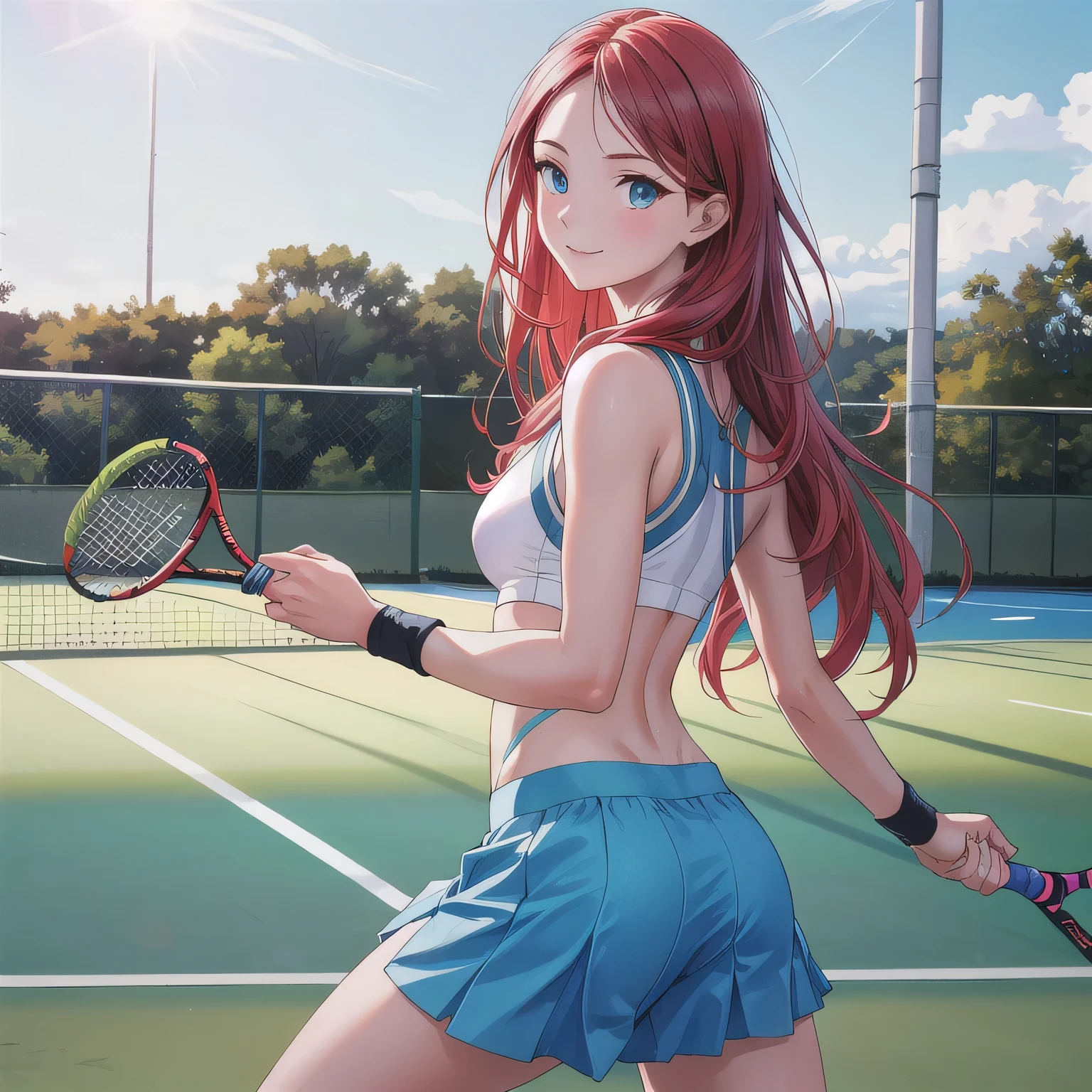 A young female tennis player in a sleek blue outfit stands ready, gripping her racket with both hands in a poised stance. Sunlight accentuates the crisp lines of her attire and the polished strings of the racket. Her determined gaze locks onto an unseen opponent, exuding confidence and focus. The lush green grass of the tennis court stretches into the distance under a clear blue sky. This dynamic scene blends elegance, power, and athleticism, capturing her readiness to strike with precision and grace.A 20-year-old woman smiles gently, friendly. (RAW photos, top quality), (realistic, photo-realistic:1.4), masterpiece, extremely delicate and beautiful, highly detailed, 2k wallpaper, ultra-detailed CG unity 8k wallpaper, ultra detail, high res, soft light, beautifully detailed girl looking back, extremely detailed eyes and face, beautifully detailed nose, cinematic lighting, perfect anatomy, slender body. Long hair, red hair, blue eyes.
